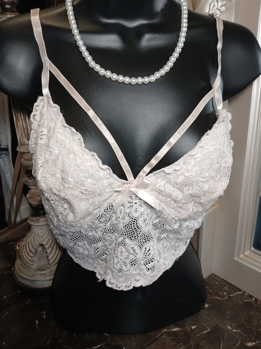 Lace Bandeau Bralette with Satin Trim in Light Pink - Picture 1 of 11